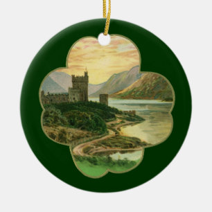 Ornamento De Cerâmica Vintage Lucky Dourado Shamrock com um castelo irla