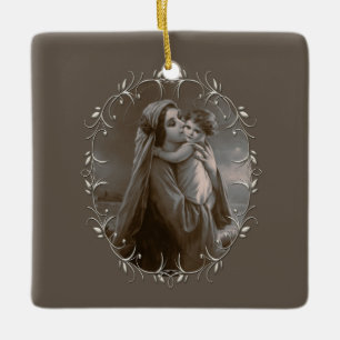 Ornamento De Cerâmica Vintage Madonna e Child com Silver Frame