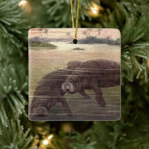 Ornamento De Cerâmica Vintage Manatés ou Vacas Marítimas, Mamíferos Mari