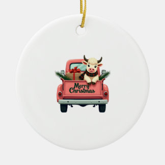 Ornamento De Cerâmica Vintage Merry Christmas Highland Cow in Pink Farm 