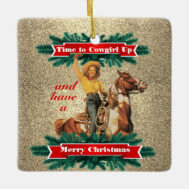 Ornamento De Cerâmica Vintage Ocidental Cowgirl Cima Feliz Natal 2