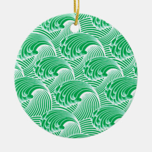 Ornamento De Cerâmica Vintage Ondas Japonesas, Jade Green e White