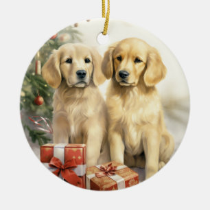 Ornamento De Cerâmica Vintage Ouro Retriever Natal