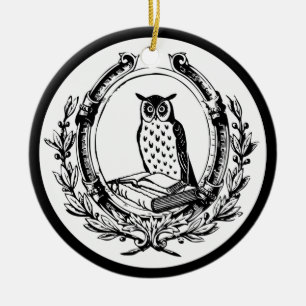 Ornamento De Cerâmica Vintage Owl e Book Bookplate