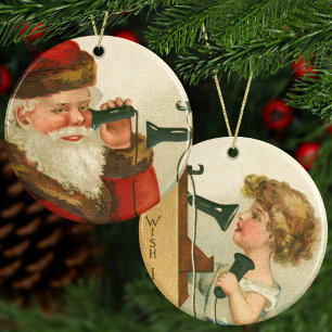 Ornamento De Cerâmica Vintage Papais noeis e Menina no Natal do Telefone