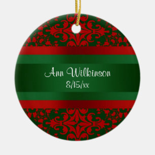 Ornamento De Cerâmica Vintage parece Red & Green Damask #2