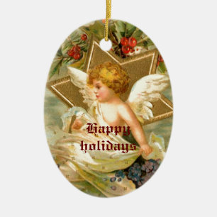 Ornamento De Cerâmica Vintage, pequeno anjo de Natal e estrela