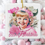 Ornamento De Cerâmica Vintage Pink Girl Floral Feliz Natal<br><div class="desc">Bonito menina branca e rosa sorrindo com flores caneca de Natal.</div>