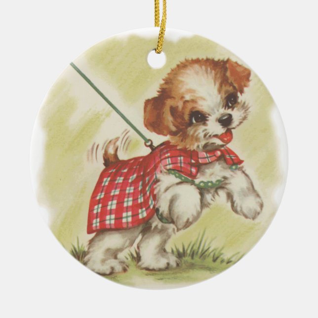 Ornamento De Cerâmica Vintage puppy com coleira (Frente)