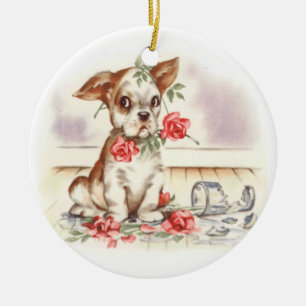 Ornamento De Cerâmica Vintage Puppy com vaso quebrado e rosca rosa