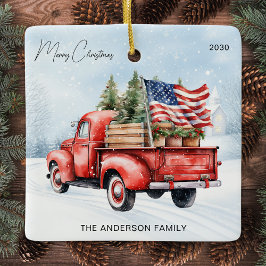 Ornamento De Cerâmica Vintage Red Christmas Truck Farmhouse EUA Flag