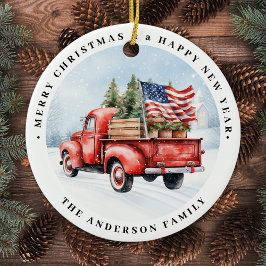 Ornamento De Cerâmica Vintage Red Christmas Truck Patriotic USA Flag