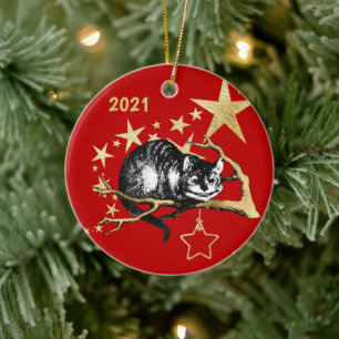 Ornamento De Cerâmica Vintage Red Dourado Cheshire Cat Star Natal