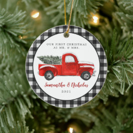 Ornamento De Cerâmica Vintage Red Fazenda Truck | Primeiro Natal Sr. & S