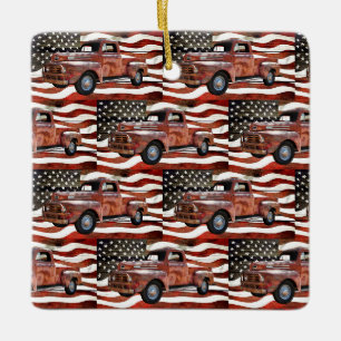 Ornamento De Cerâmica Vintage Red Truck American Flag