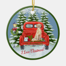 Vintage Red Truck Lab Retriever Snow