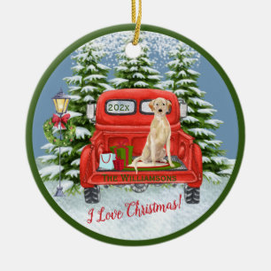 Ornamento De Cerâmica Vintage Red Truck Lab Retriever Snow Family Name  