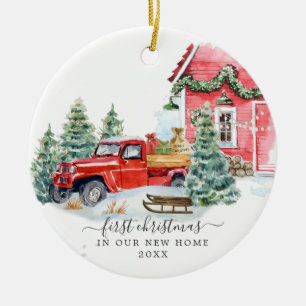 Ornamento De Cerâmica Vintage Red Truck   Primeiro Natal Nova Casa