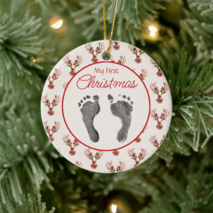 Ornamento De Cerâmica Vintage Reindeer Baby's Feet First Christmas