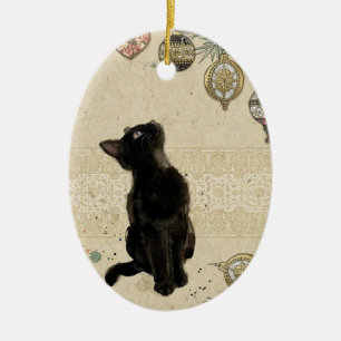 Ornamento De Cerâmica Vintage Retro Black Cat Vê Ornamoro de Natal