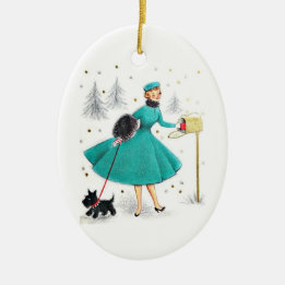 Ornamento De Cerâmica Vintage Retro Christmas Woman com Scotty Dog