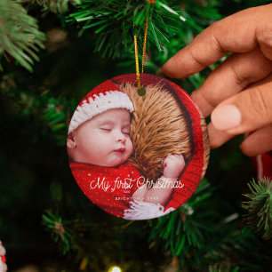 Ornamento De Cerâmica Vintage retro script Baby's First Christmas