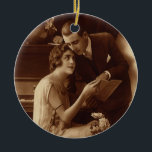 Ornamento De Cerâmica Vintage Romântica Música, Amor e Amantes Romântico<br><div class="desc">Fotografia antiga Vintage sepia antiga apresentando uma imagem de amor e romance com uma nova música em folha de leitura de casal junto ao piano.</div>