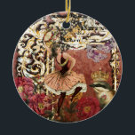 Ornamento De Cerâmica Vintage Rosa Gypsy Dancer Collage Francesa<br><div class="desc">Uma bela colagem de efeito de safra baseada em uma profunda damasco de rosa com elementos de um quadro antigo,  roteiro francês,  flores de rosa,  borboletas,  pássaro com coroa e uma dançarina de giro bonito com tambourine. As cores incluem vermelho,  russet,  cor-de-rosa,  lavanda,  marrom,  verde e ouro.</div>