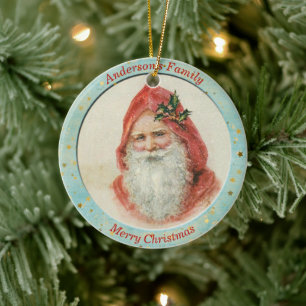 Ornamento De Cerâmica Vintage Santa Claus Holly Berry Natal