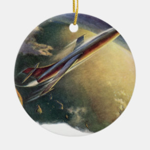Ornamento De Cerâmica Vintage Science Ficeship Airplane Earth