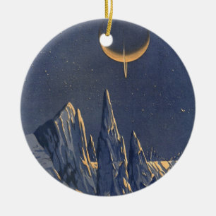 Ornamento De Cerâmica Vintage Science Ficet, Crescent Moon Snow Planet