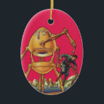 Ornamento De Cerâmica Vintage Science Ficting Alienígena Robô Captura Ho<br><div class="desc">Imagem de Vintage: aliens futuristas de ficção científica e robôs. Um clássico design de ficção científica retrógrada do futuro,  com um robô em forma de ovo segurando um homem em suas garras. Os caracteres pop num fundo rosa claro.</div>