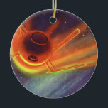 Ornamento De Cerâmica Vintage Science Ficting, Foguete Brilhante no Espa<br><div class="desc">Ilustração vinda do espaço exterior futurista e planetas Science Fiction imagem apresentando um foguete redondo no espaço orbitando um planeta e voando sobre as estrelas. É um brilho de cores vermelhas,  amarelas e laranja,  reflexo do sol. Um 50 de quadrinhos retrô clássico e design de ficção científica de transporte.</div>