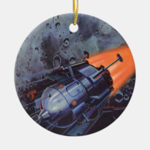 Ornamento De Cerâmica Vintage Science Fiction, Moon Rocket Off