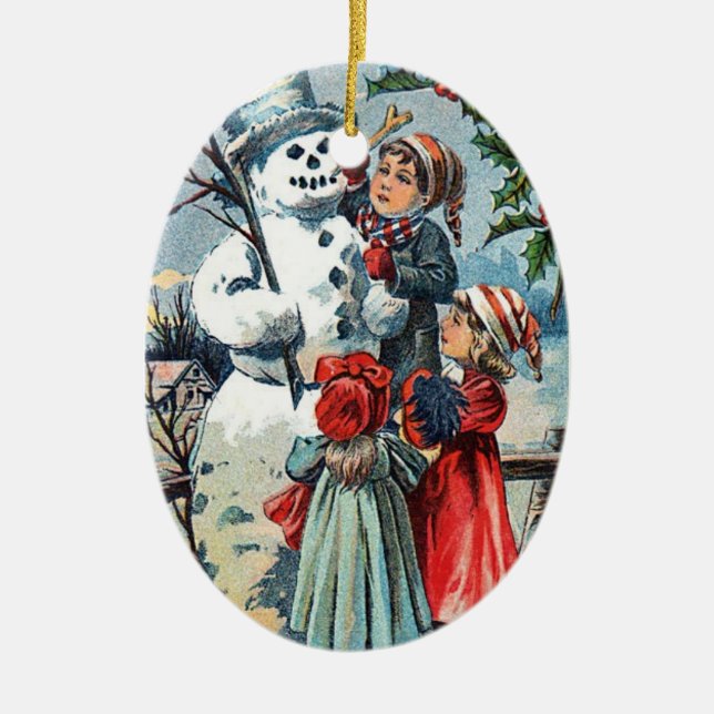 Ornamento De Cerâmica Vintage Snowman & Children (Frente)