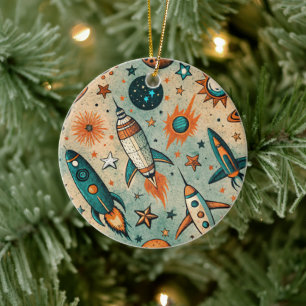 Ornamento De Cerâmica Vintage Spacecraft Rocket ships Pattern - Cosmos(7