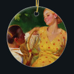 Ornamento De Cerâmica Vintage Sports Tênis, Amor e Romance<br><div class="desc">Imagem de romance e amor com ilustração antiga apresentando um casal jovem em uma data depois que eles jogaram um jogo de tênis.</div>