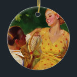 Ornamento De Cerâmica Vintage Sports Tênis, Amor e Romance<br><div class="desc">Imagem de romance e amor com ilustração antiga apresentando um casal jovem em uma data depois que eles jogaram um jogo de tênis.</div>