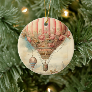 Ornamento De Cerâmica Vintage Steampunk Pink Floral Hot Air Balloon