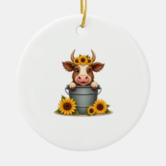 Ornamento De Cerâmica Vintage Sunflower Highland Cow in Bucket Floral Fa