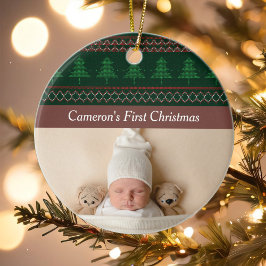 Ornamento De Cerâmica Vintage Tree Pattern Baby's First Christmas Photo