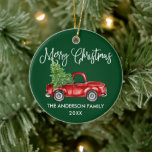 Ornamento De Cerâmica Vintage Truck Christmas Green<br><div class="desc">Caligrafia moderna Script Watercolor Vintage Red Truck com Árvore de Natal - Ornamento Feliz de Natal - Verde</div>