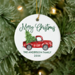 Ornamento De Cerâmica Vintage Truck Green Christmas<br><div class="desc">Caligrafia moderna Script Watercolor Vintage Red Truck com Árvore de Natal - Ornamento Feliz de Natal - Verde</div>