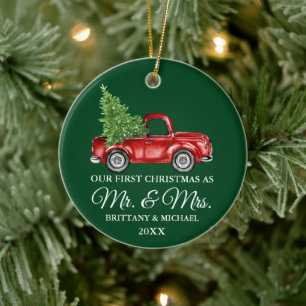 Ornamento De Cerâmica Vintage Truck Primeiro Natal Sr. e Sra. Green