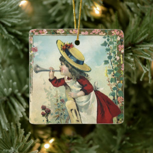 Ornamento De Cerâmica Vintage Victorian Child, Garota Soprando Bugle Mea