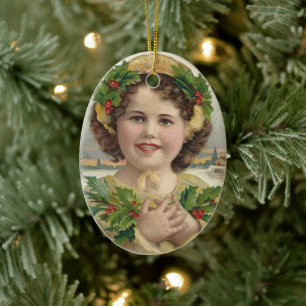 Ornamento De Cerâmica Vintage Victorian Era Holly Girl Christmas