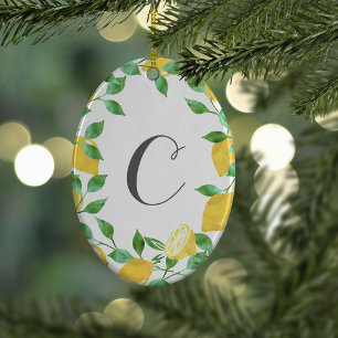 Ornamento De Cerâmica Vintage Watercolor Lemon Initial Ornament