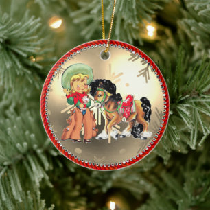 Ornamento De Cerâmica Vintage Western Cowgirl Kid and Horse