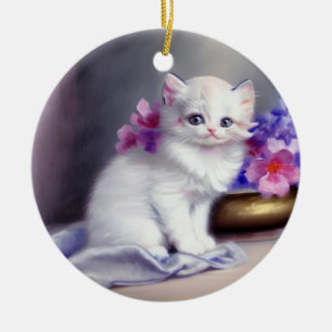 Ornamento De Cerâmica Vintage White Kitten com Flores Rosa e Púrpura