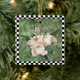 Ornamento De Cerâmica Vintage White Roses & Checkerboard